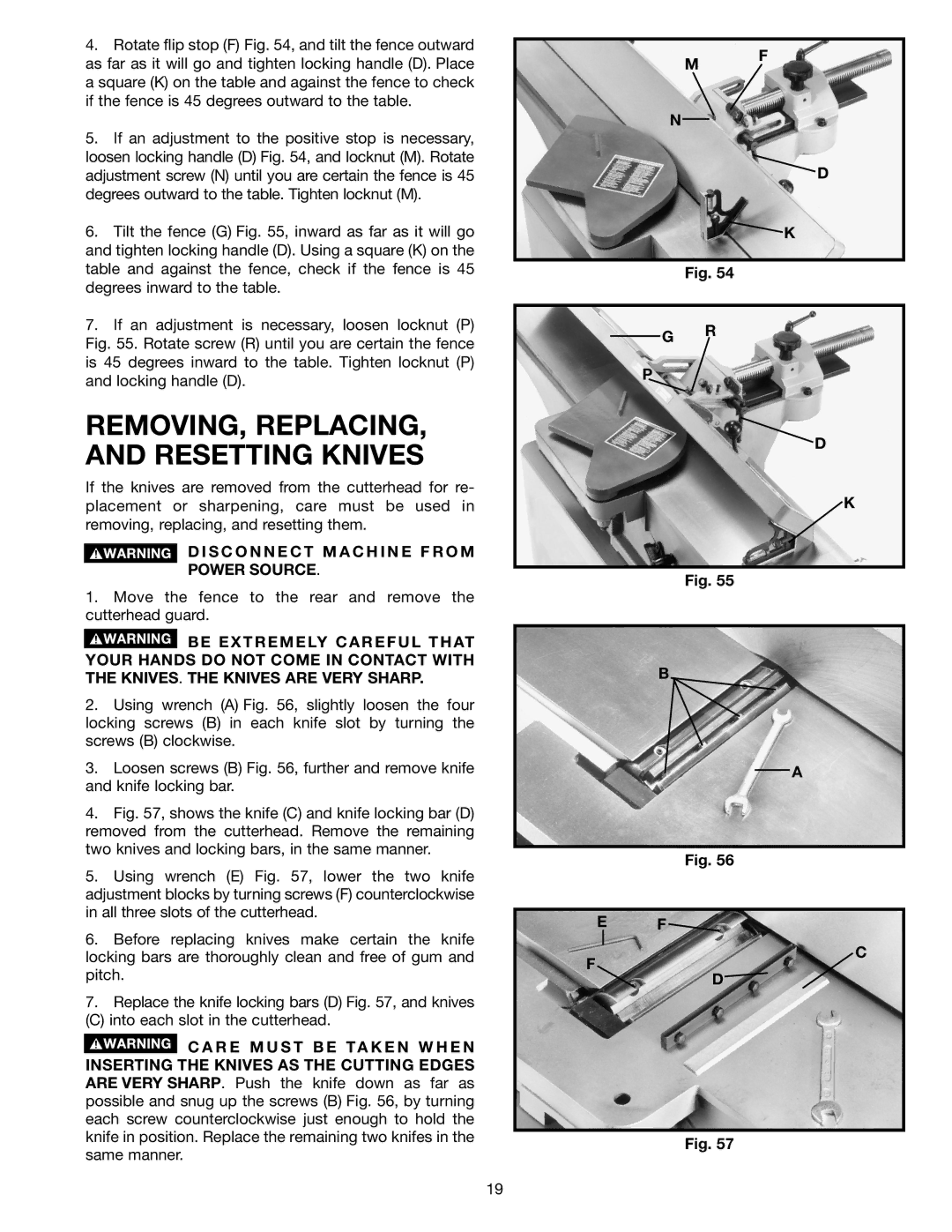 DeWalt 37-380 instruction manual REMOVING, REPLACING, and Resetting Knives, Rotate screw R until you are certain the fence 