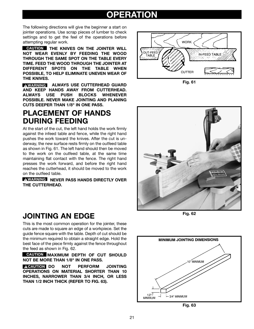 DeWalt 37-380 instruction manual Operation, Placement of Hands During Feeding, Jointing AN Edge 