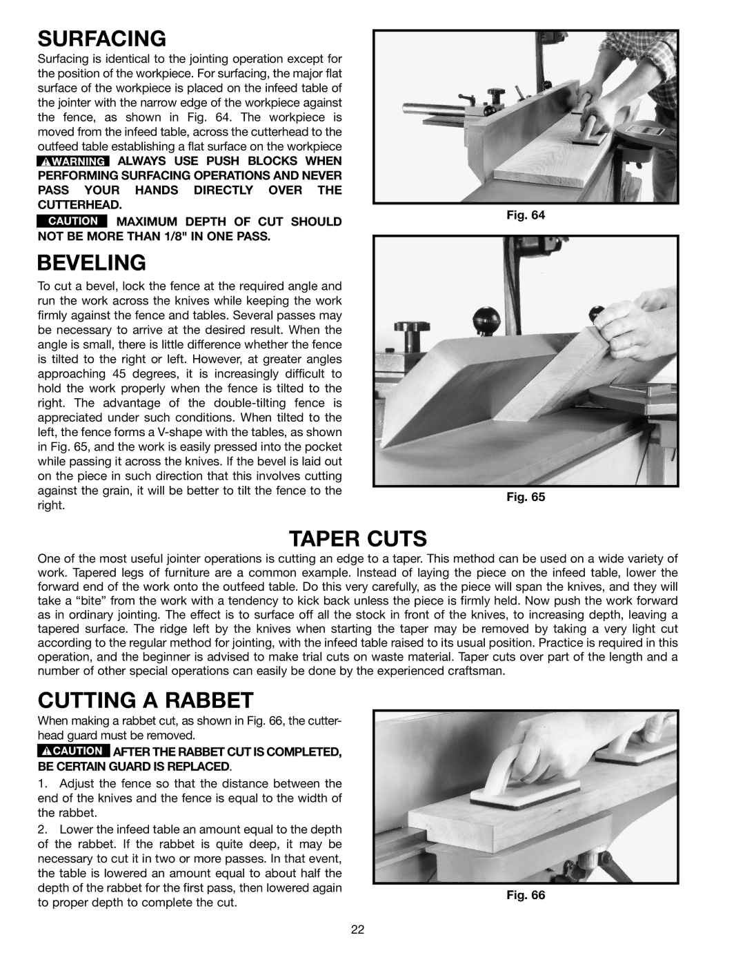 DeWalt 37-380 instruction manual Surfacing, Beveling, Taper Cuts, Cutting a Rabbet 