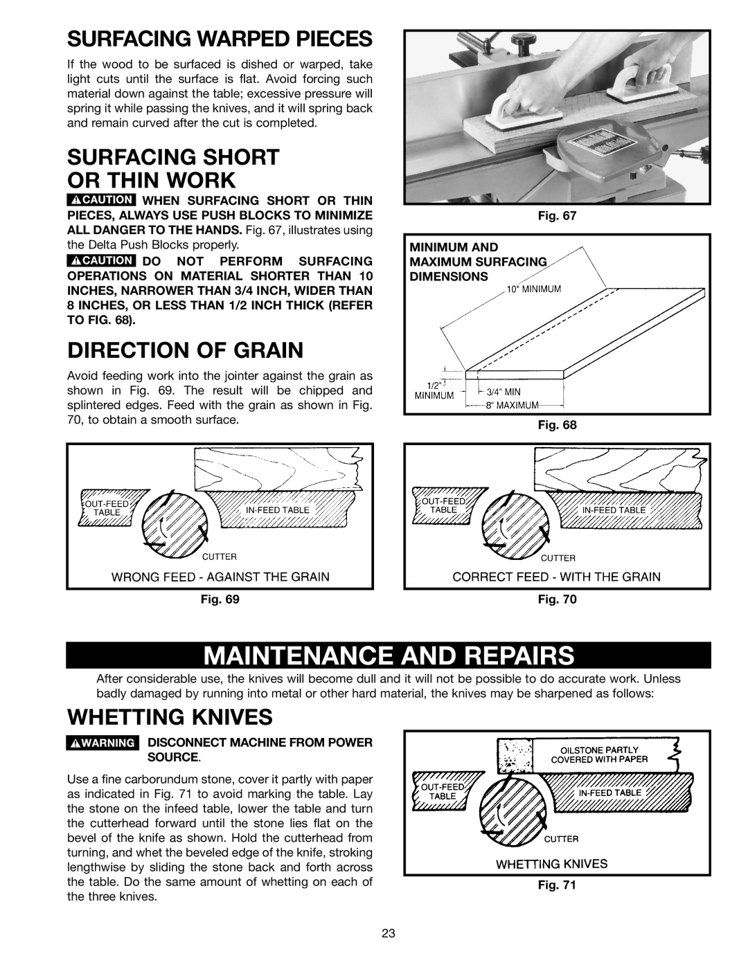 DeWalt 37-380 Maintenance and Repairs, Surfacing Warped Pieces, Surfacing Short Or Thin Work, Direction of Grain 