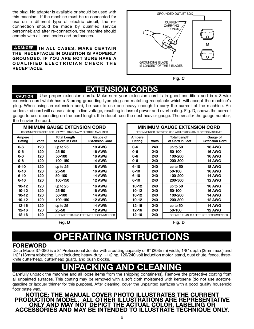 DeWalt 37-380 instruction manual Unpacking and Cleaning, Extension Cords 