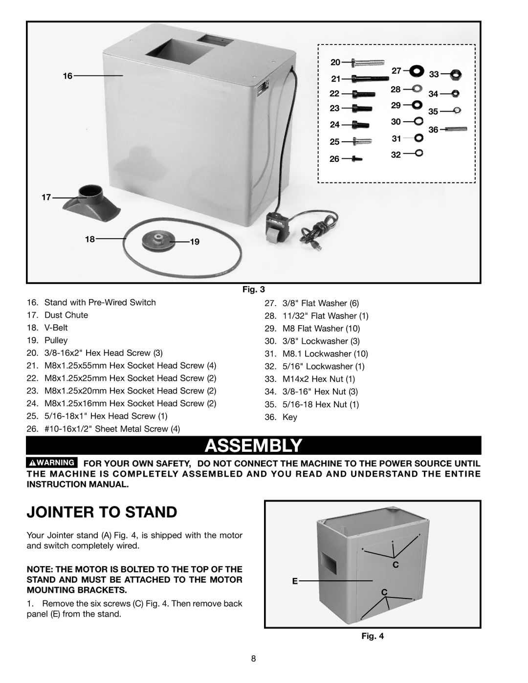 DeWalt 37-380 instruction manual Assembly, Jointer to Stand 