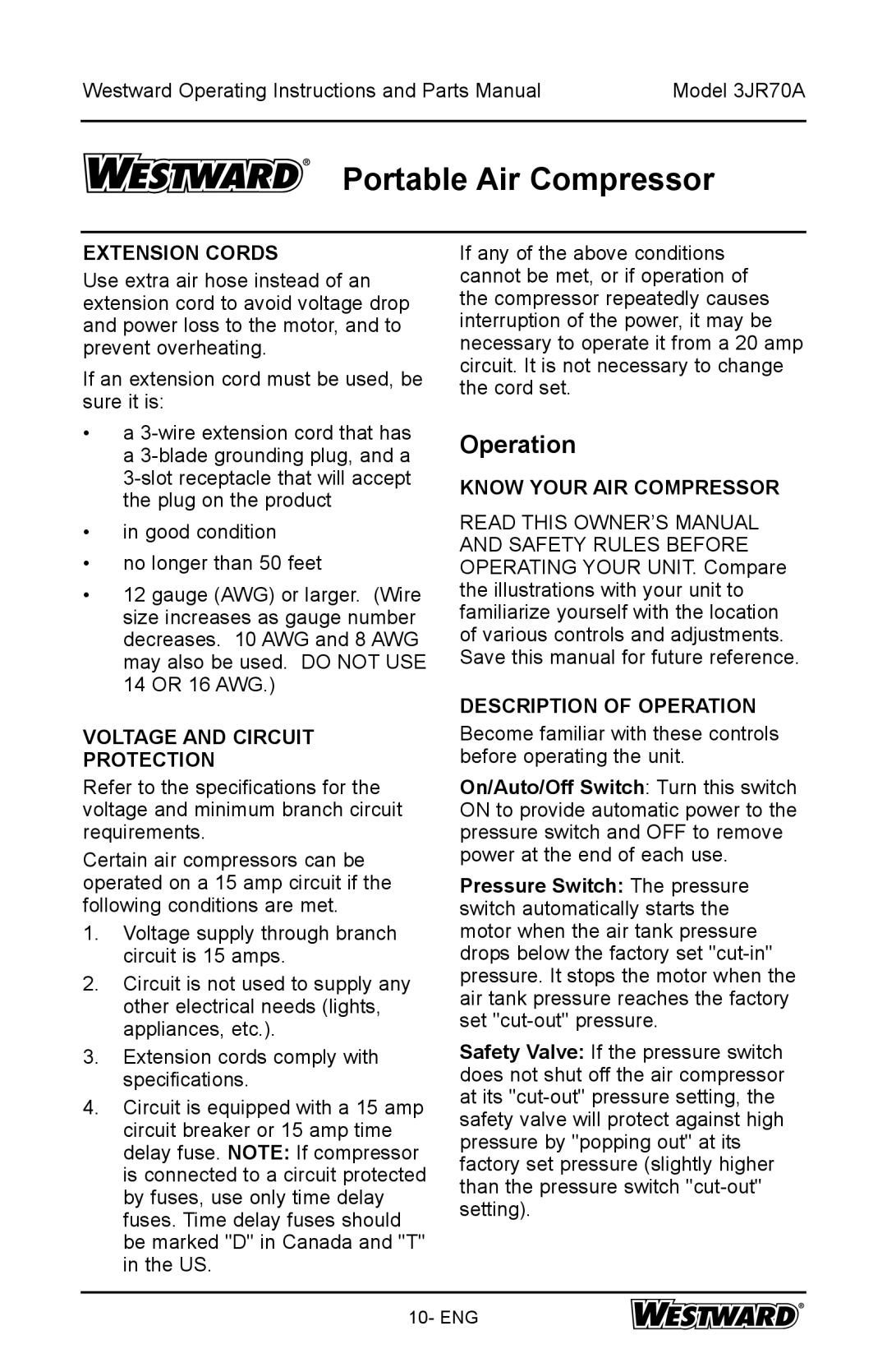 DeWalt 3JR70A specifications Operation, Extension Cords, Voltage and Circuit Protection 