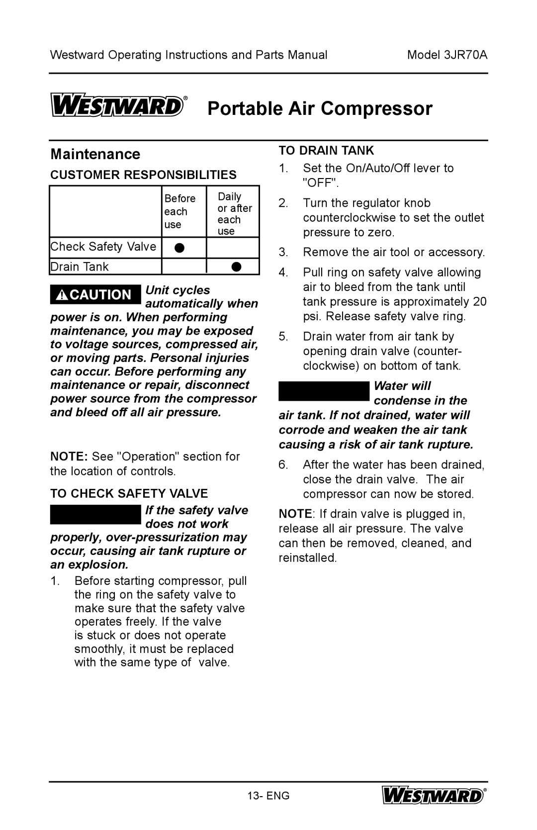 DeWalt 3JR70A specifications Maintenance, Customer Responsibilities, To Check Safety Valve, To Drain Tank 