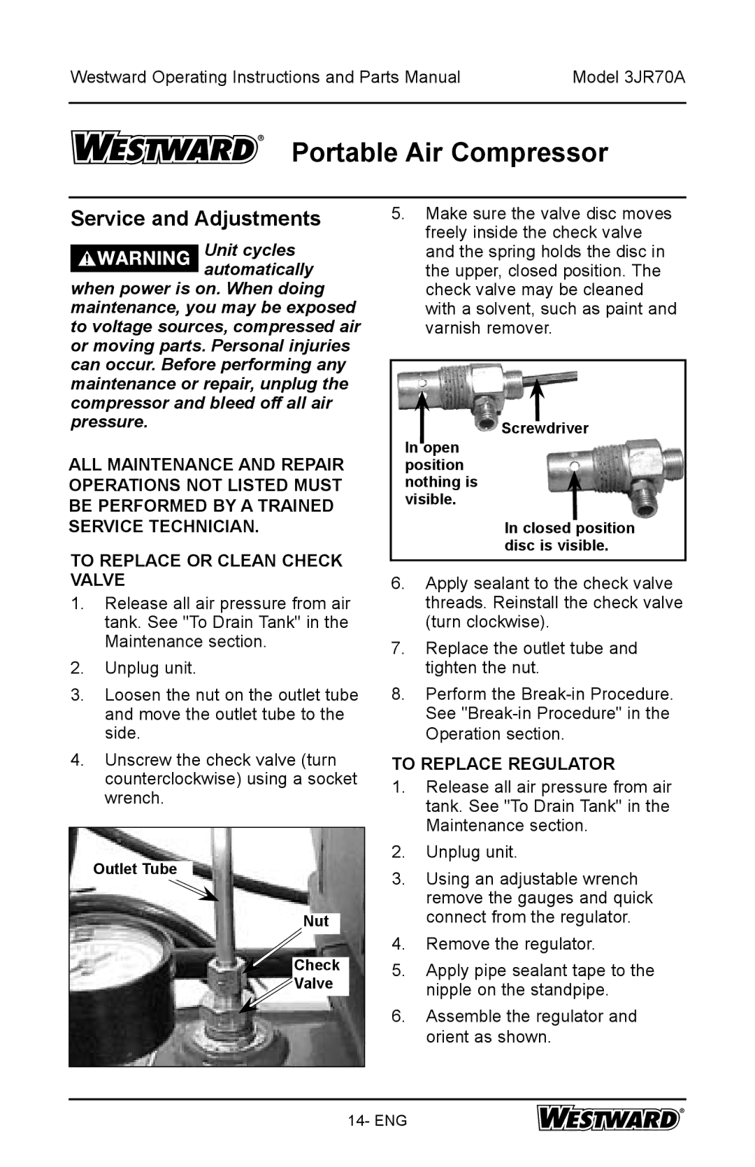 DeWalt 3JR70A specifications Service and Adjustments, To Replace Regulator, Outlet Tube Nut Check Valve 