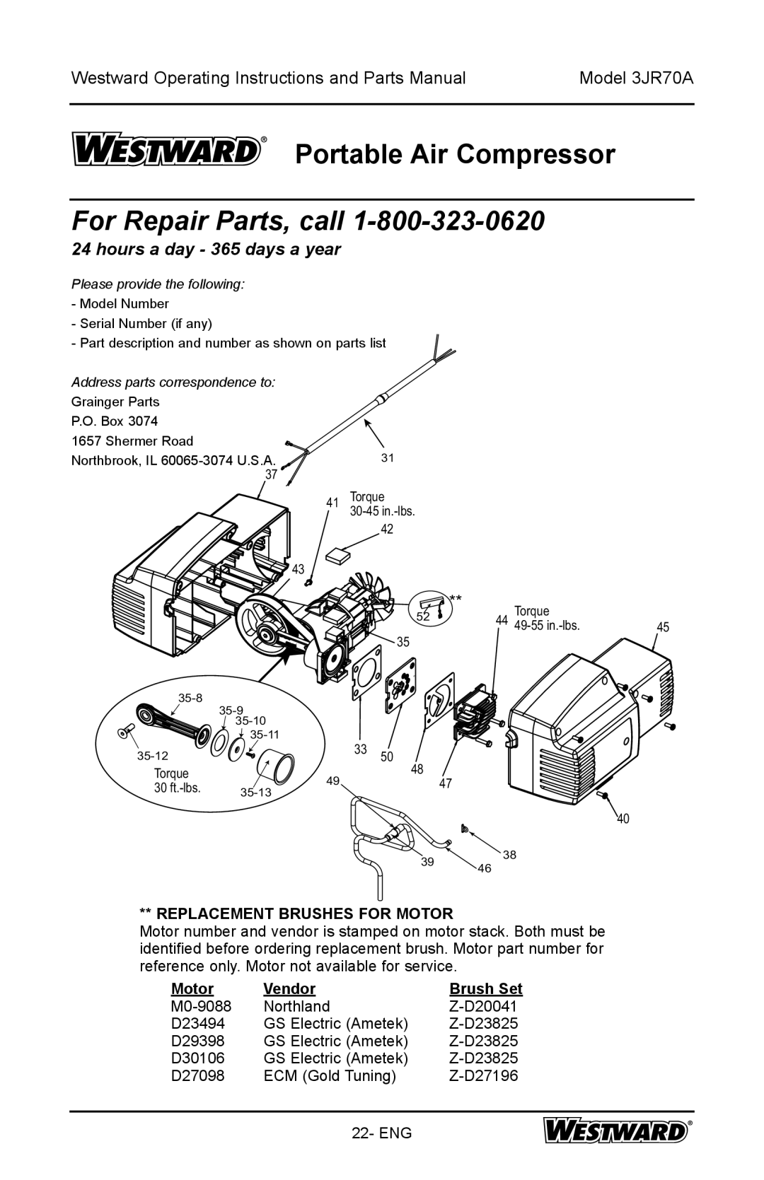 DeWalt 3JR70A specifications Replacement Brushes for Motor, Motor Vendor 