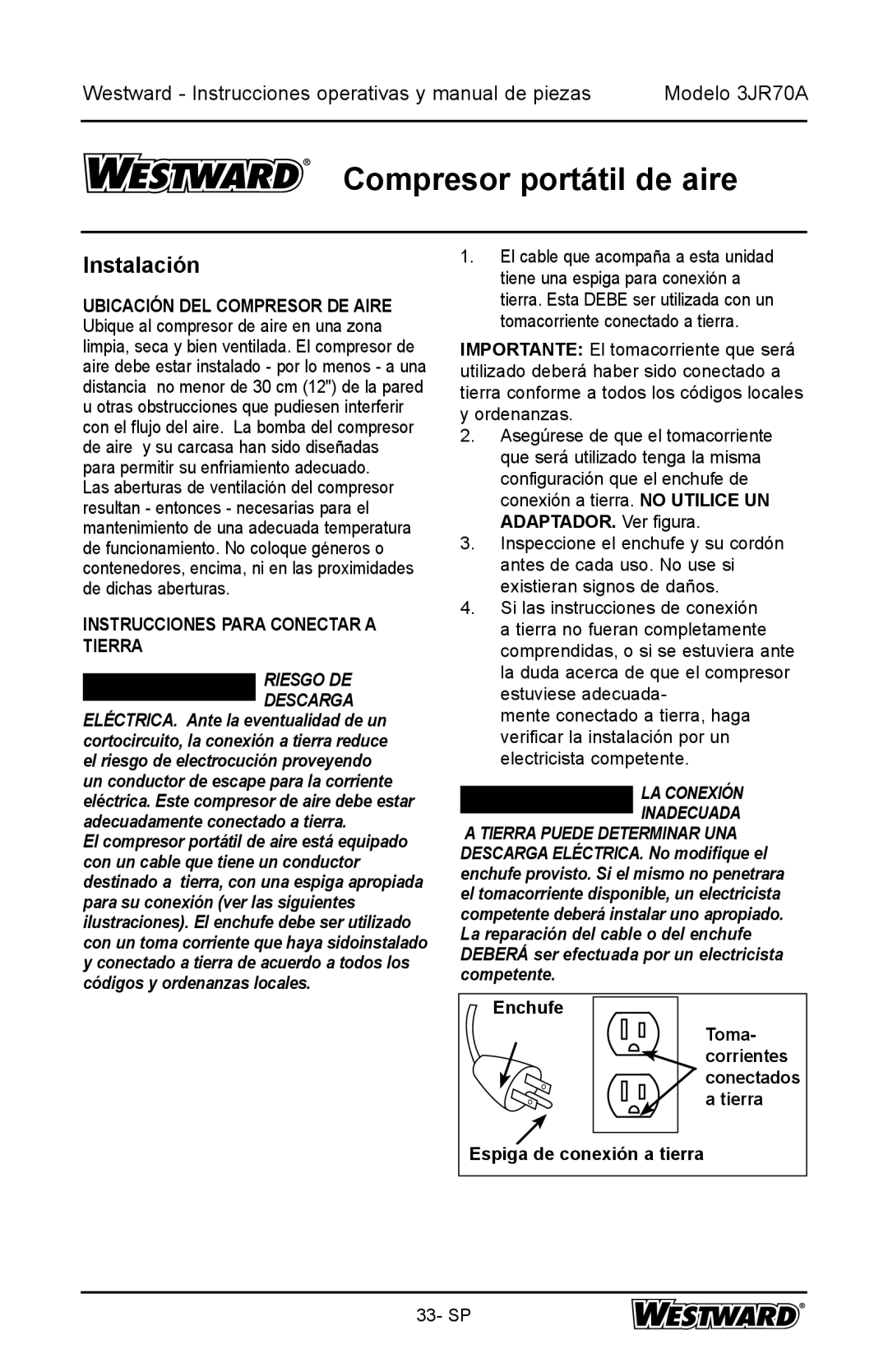 DeWalt 3JR70A specifications Instalación, Instrucciones Para Conectar a Tierra 