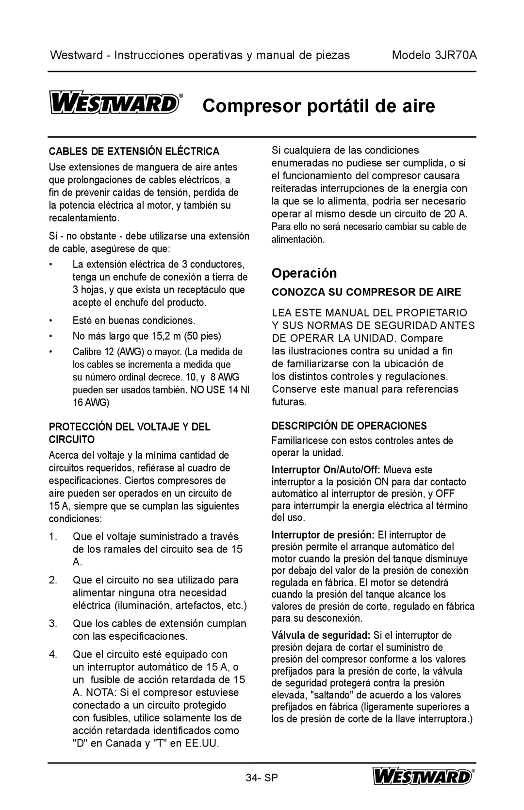 DeWalt 3JR70A Operación, Cables DE Extensión Eléctrica, Protección DEL Voltaje Y DEL Circuito, Descripción DE Operaciones 