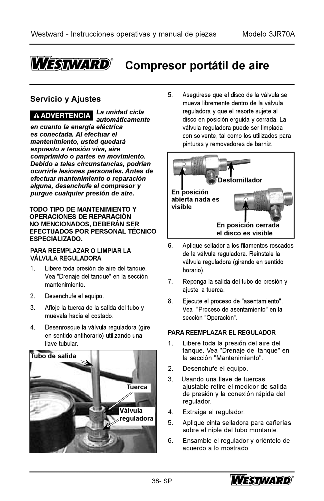 DeWalt 3JR70A specifications Servicio y Ajustes, Tubo de salida Tuerca, Para Reemplazar EL Regulador 