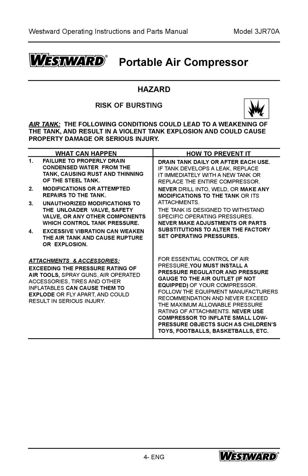 DeWalt 3JR70A specifications Risk of Bursting, Attachments & Accessories 