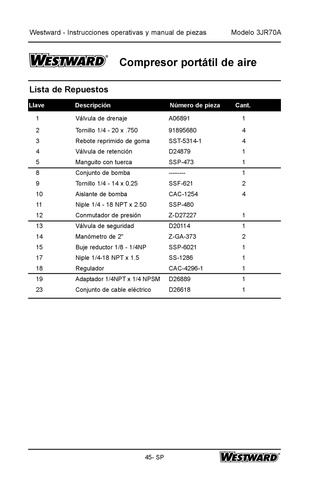 DeWalt 3JR70A specifications Lista de Repuestos, Llave Descripción Número de pieza 