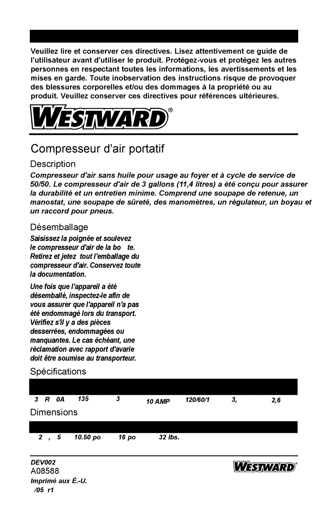 DeWalt 3JR70A specifications Désemballage, Spécifications 