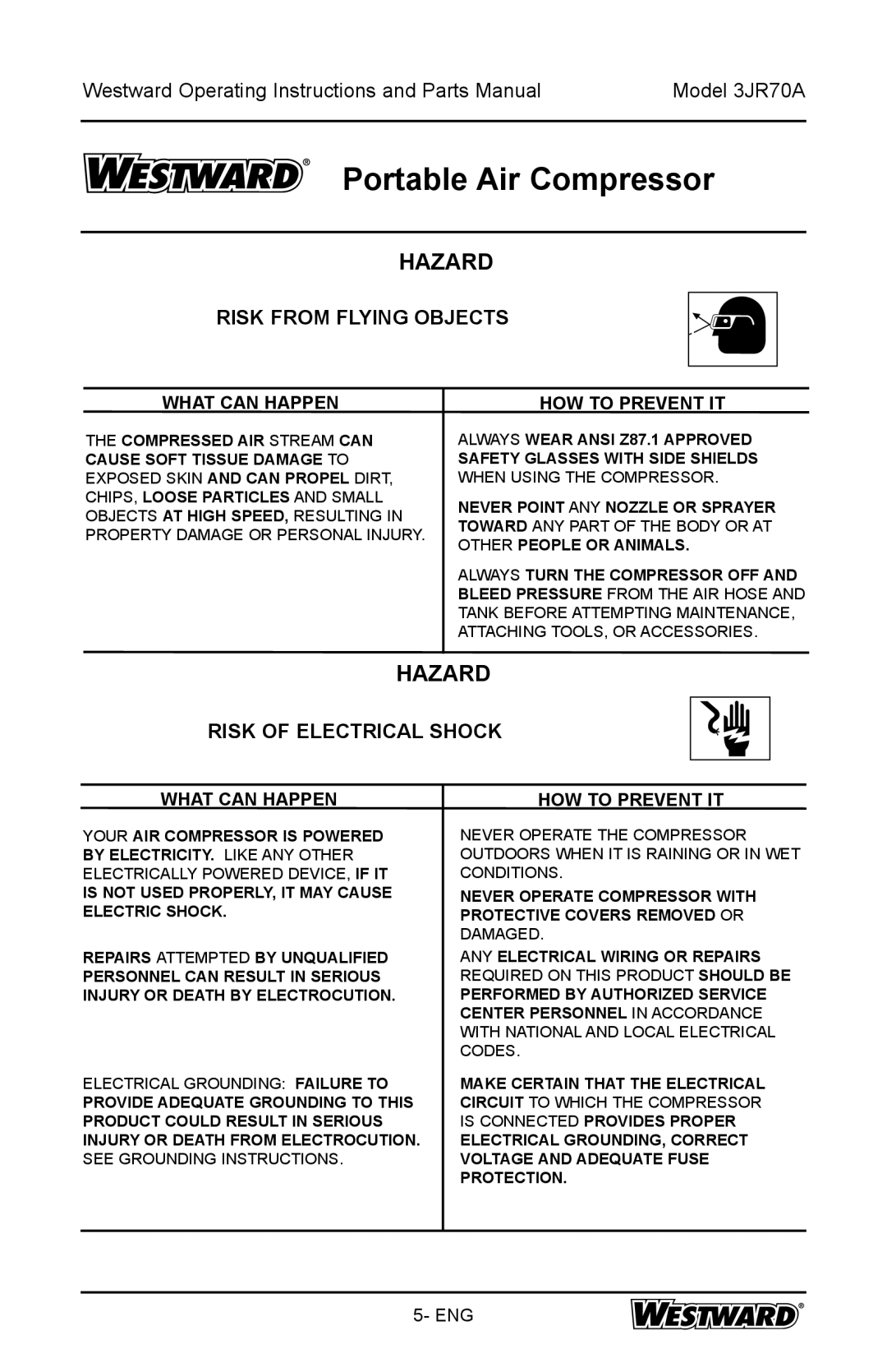 DeWalt 3JR70A specifications Risk from Flying Objects, Risk of Electrical Shock 