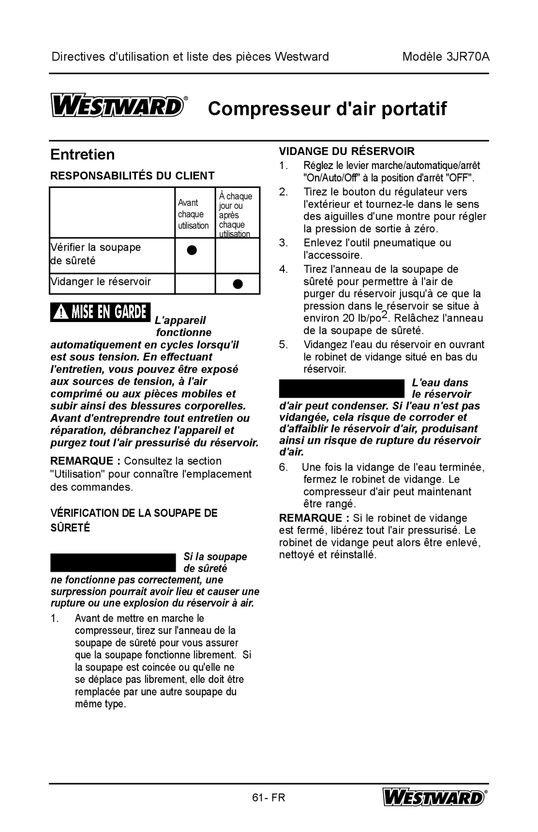 DeWalt 3JR70A Entretien, Responsabilités DU Client, Vérification DE LA Soupape DE Sûreté, Vidange DU Réservoir 