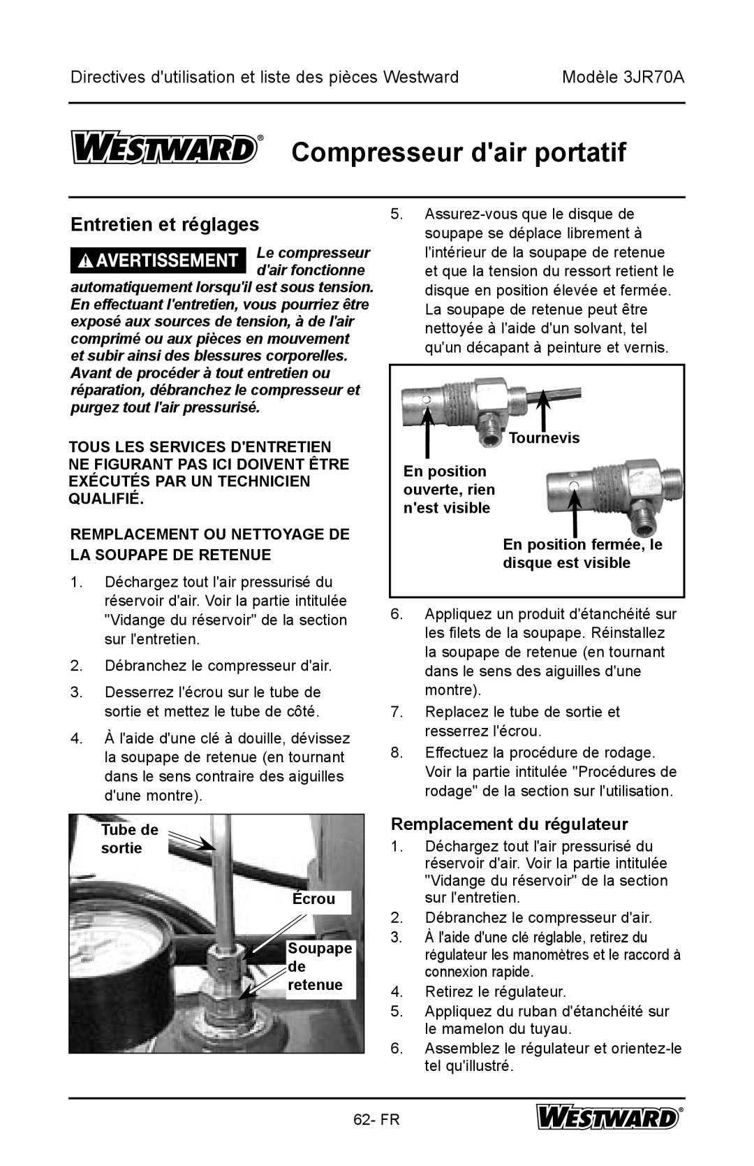 DeWalt 3JR70A Entretien et réglages, Tube de sortie Écrou, Tournevis, En position fermée, le disque est visible 