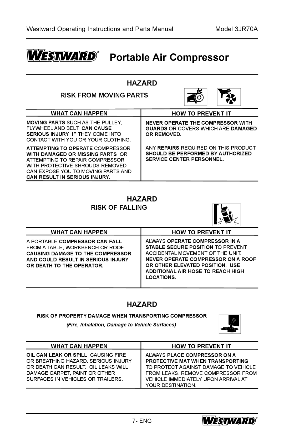 DeWalt 3JR70A specifications Risk from Moving Parts, Risk of Falling, What can Happen HOW to Prevent IT 