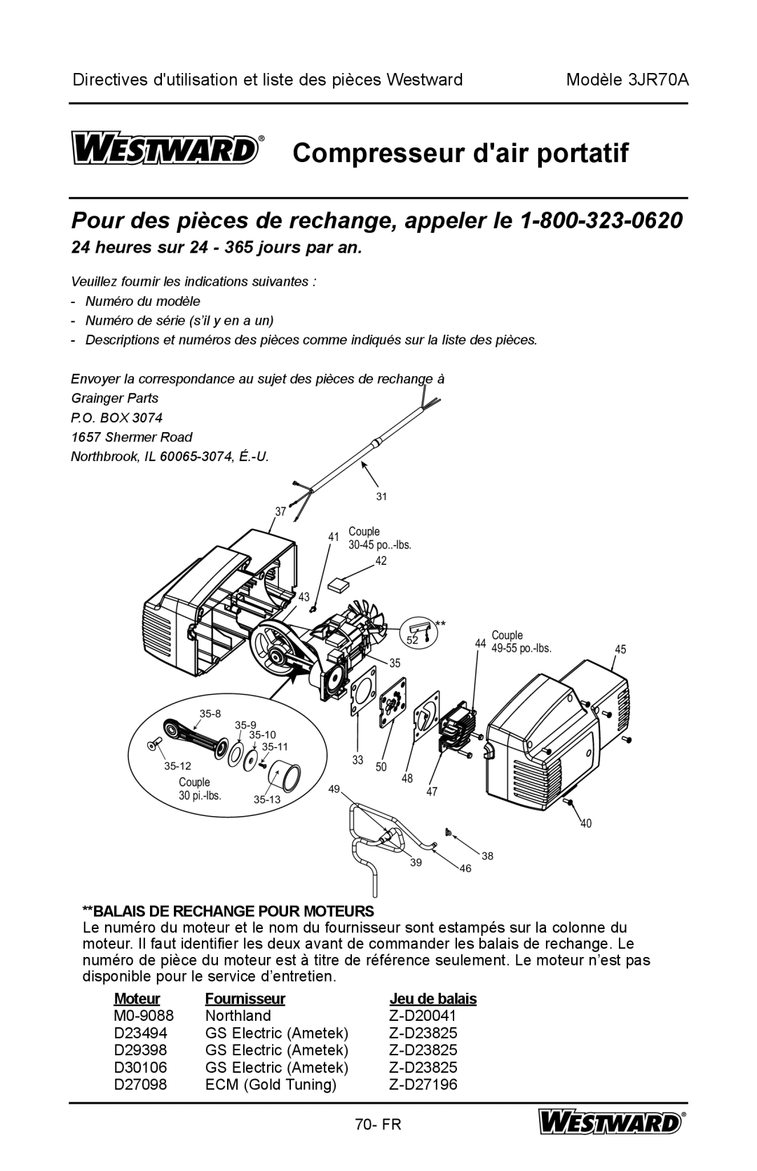 DeWalt 3JR70A specifications Balais DE Rechange Pour Moteurs, Moteur Fournisseur Jeu de balais 