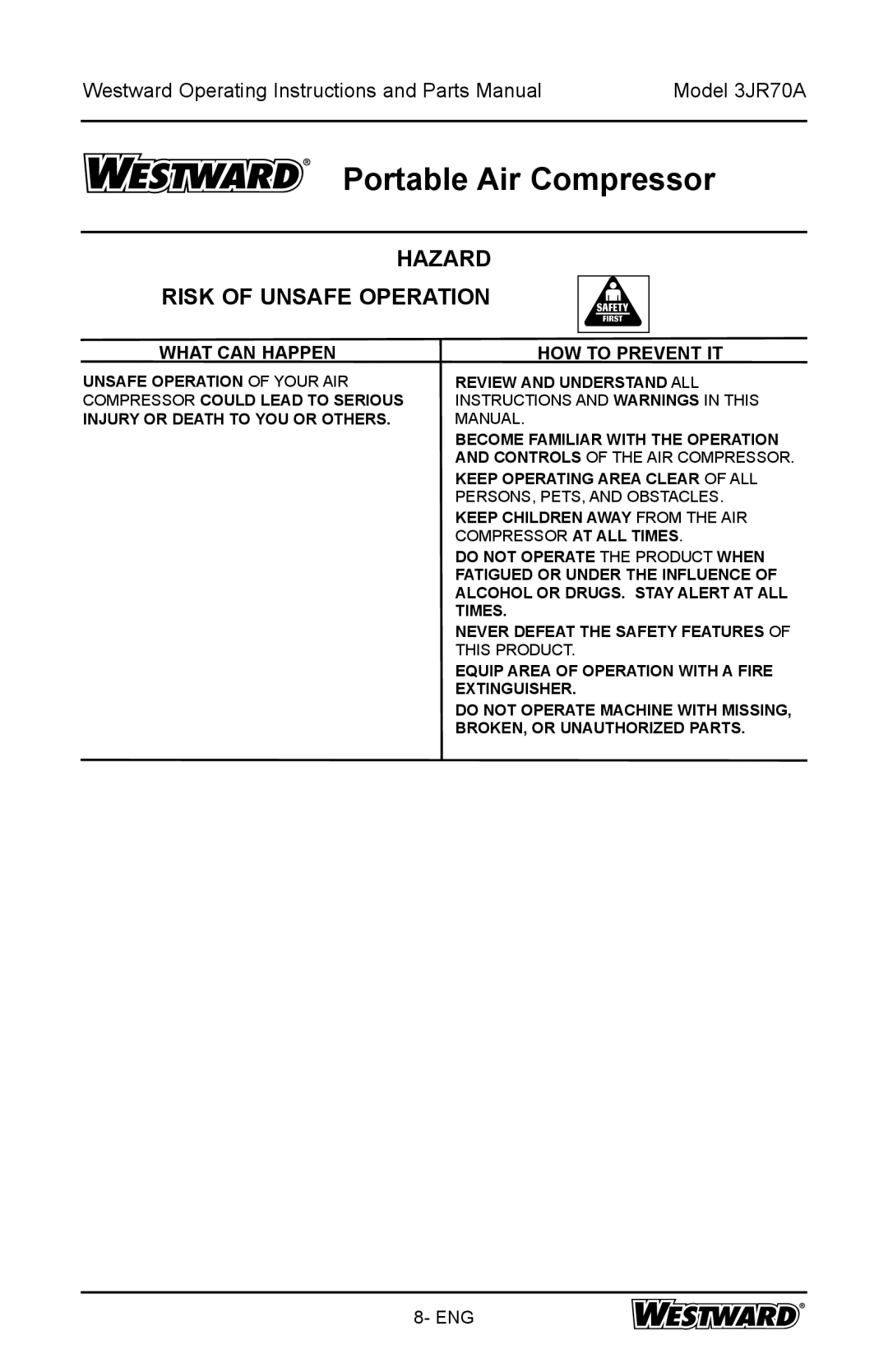 DeWalt 3JR70A specifications Hazard Risk of Unsafe Operation 