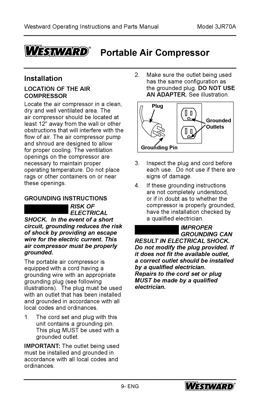 DeWalt 3JR70A specifications Installation, Grounding Instructions, Plug, Outlets, Grounding Pin 