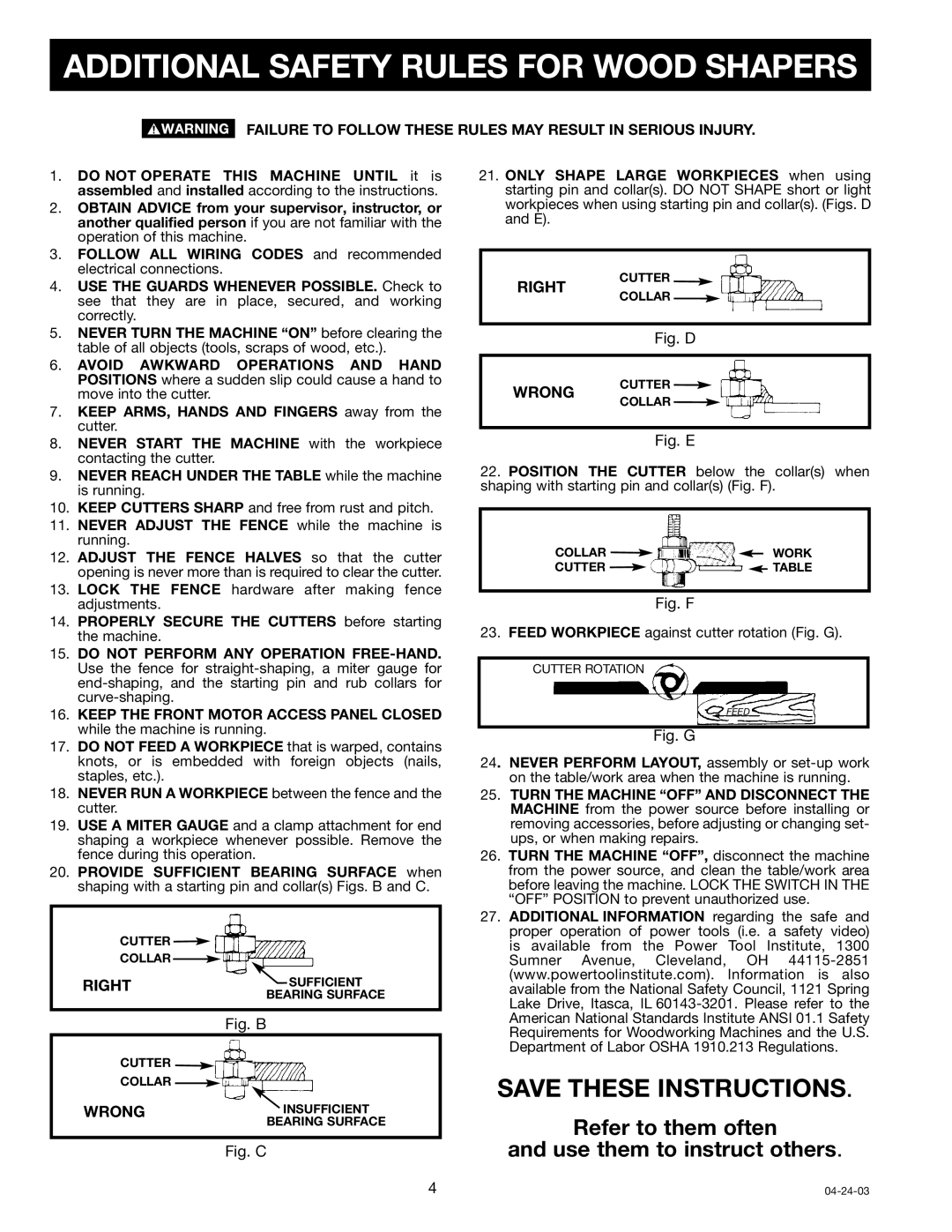 DeWalt 43-460, 43-459 instruction manual Additional Safety Rules for Wood Shapers 