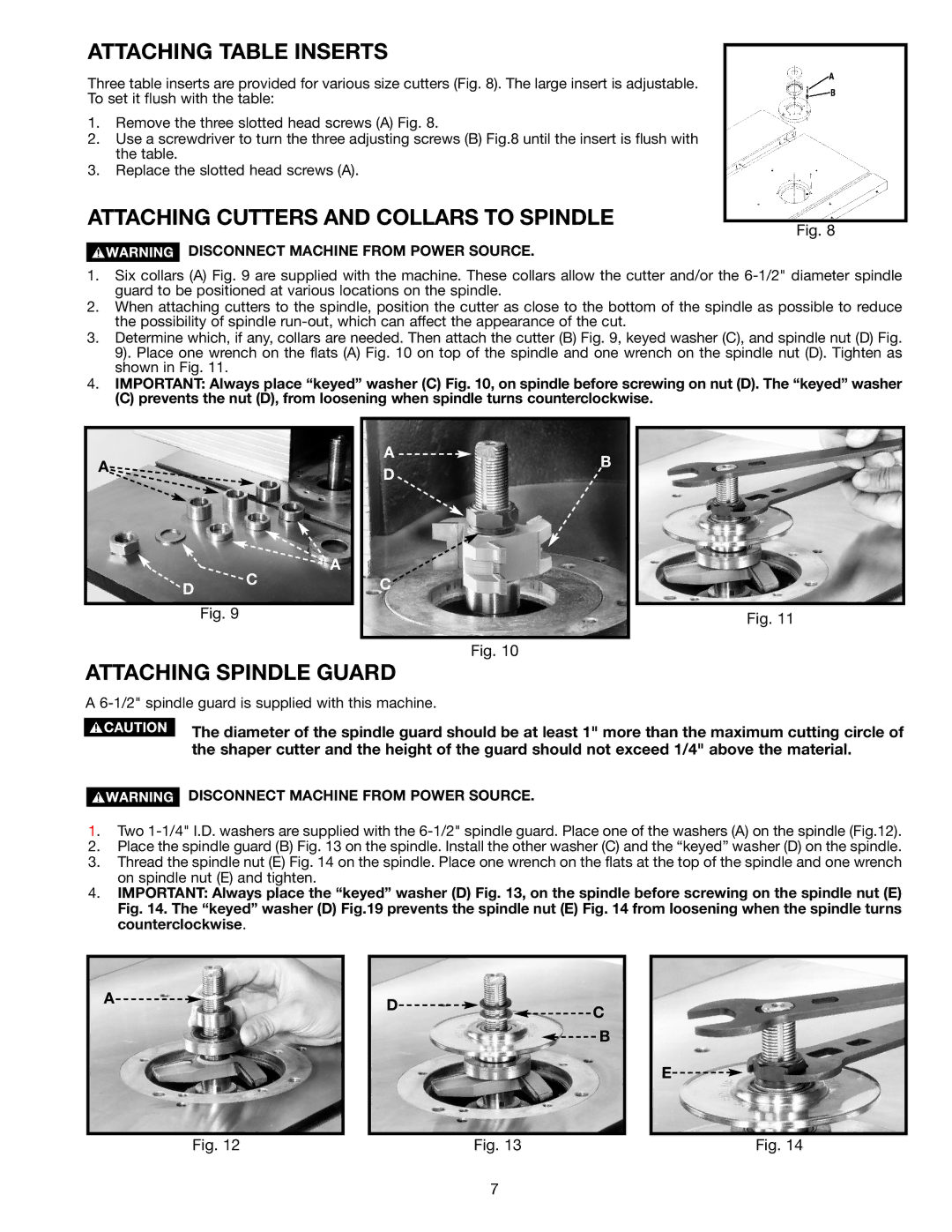 DeWalt 43-459, 43-460 Attaching Table Inserts, Attaching Cutters and Collars to Spindle, Attaching Spindle Guard 
