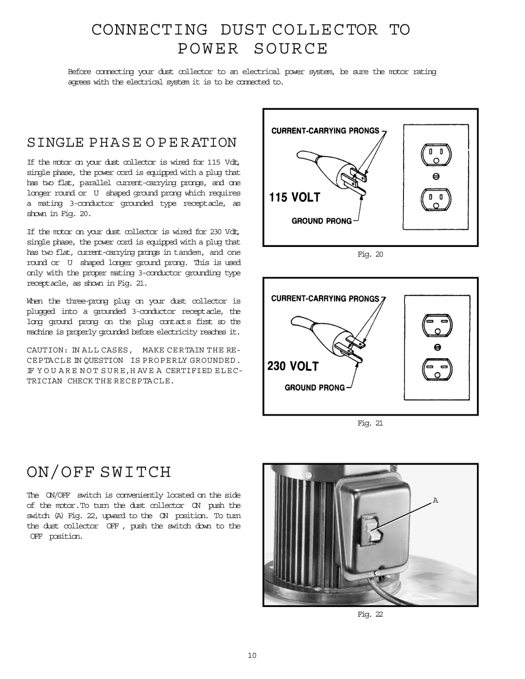 DeWalt 50-665 instruction manual Connecting Dust Collector to Power Source, ON/OFF Switch 