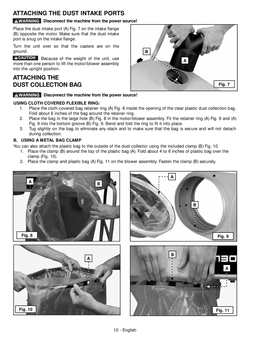 DeWalt 50-760 instruction manual Attaching the Dust Intake Ports, Attaching Dust Collection BAG 