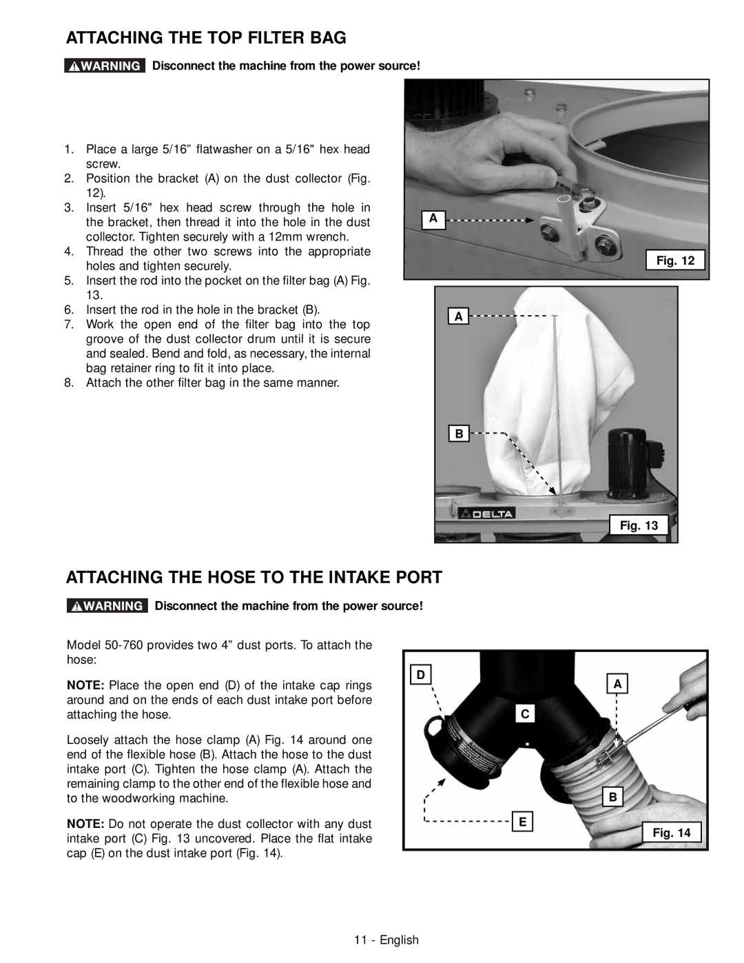 DeWalt 50-760 instruction manual Attaching the TOP Filter BAG, Attaching the Hose to the Intake Port 