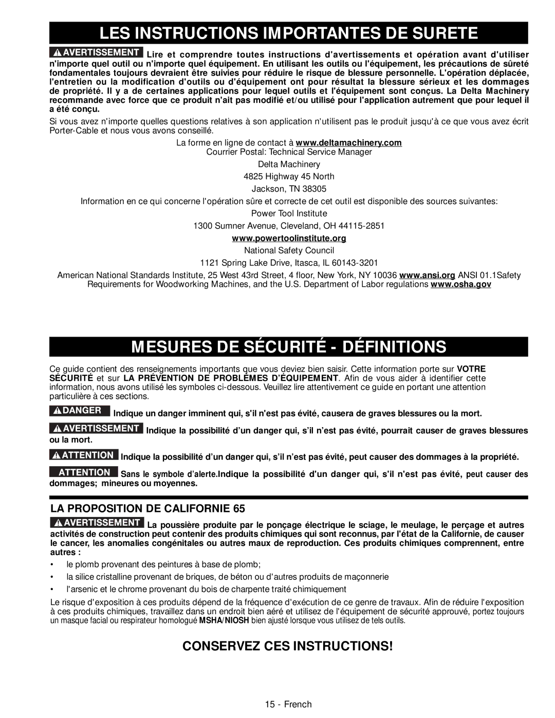 DeWalt 50-760 LES Instructions Importantes DE Surete, Mesures DE Sécurité Définitions, Conservez CES Instructions 