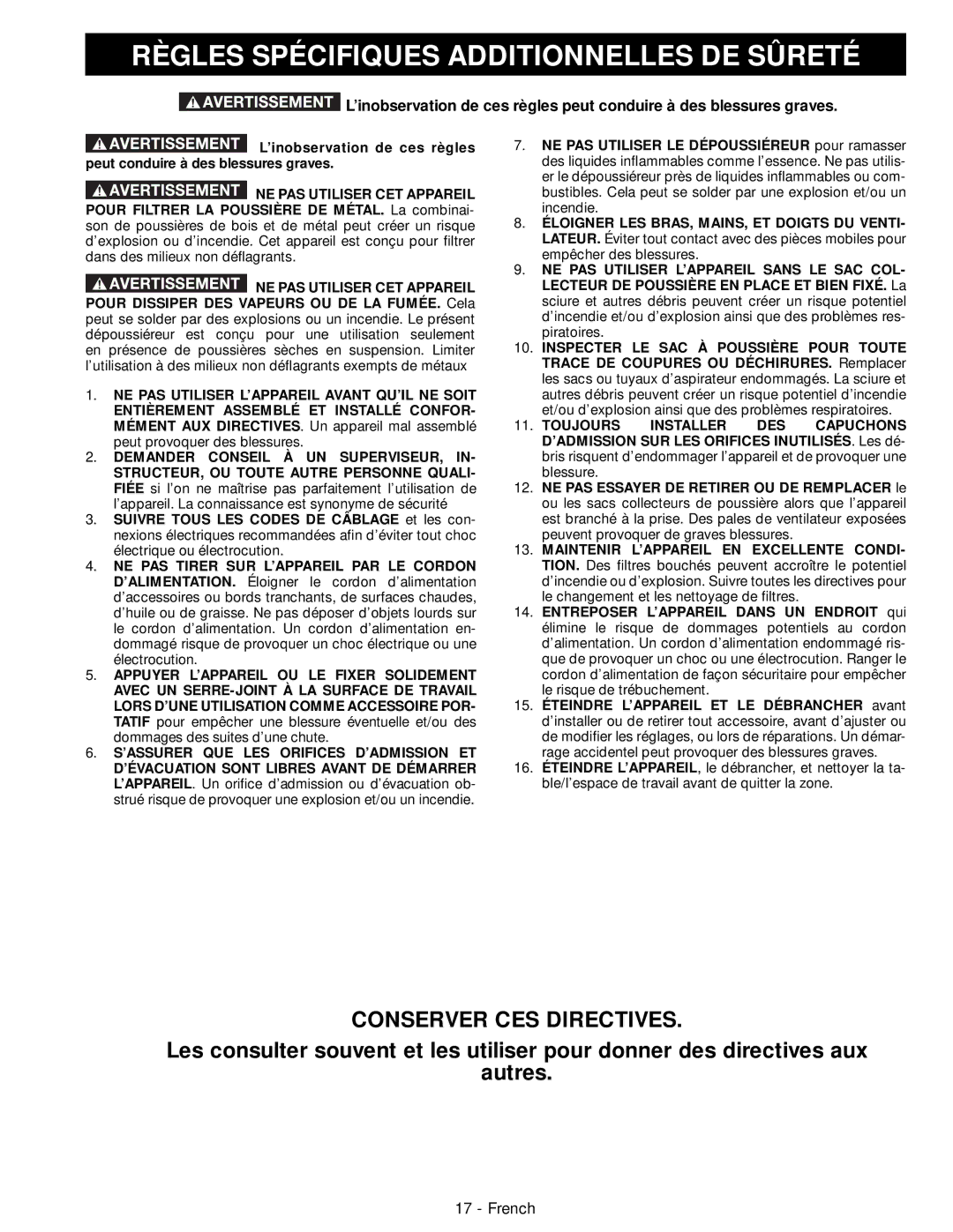 DeWalt 50-760 instruction manual Règles Spécifiques Additionnelles DE Sûreté, Conserver CES Directives 