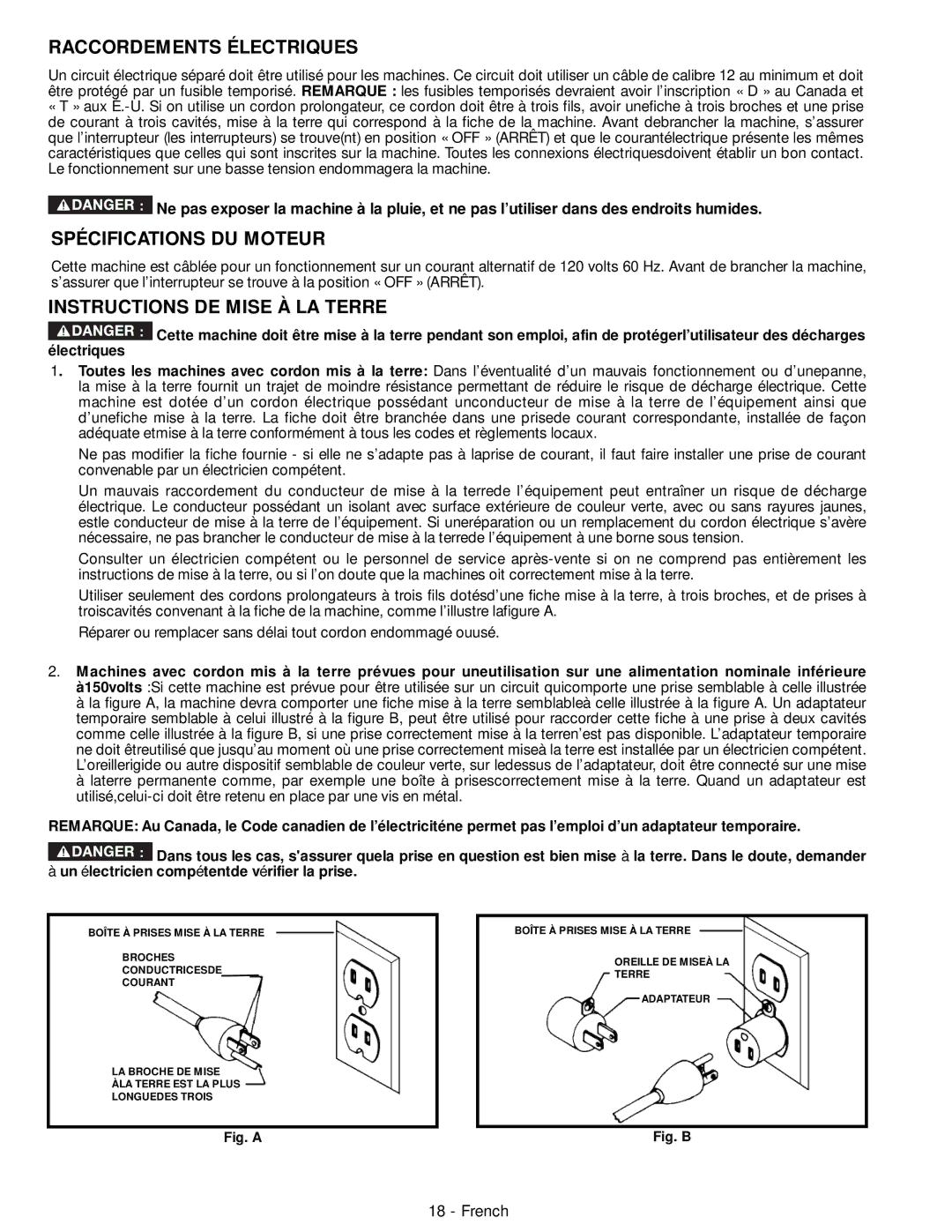 DeWalt 50-760 instruction manual Raccordements Électriques, Spécifications DU Moteur, Instructions DE Mise À LA Terre 