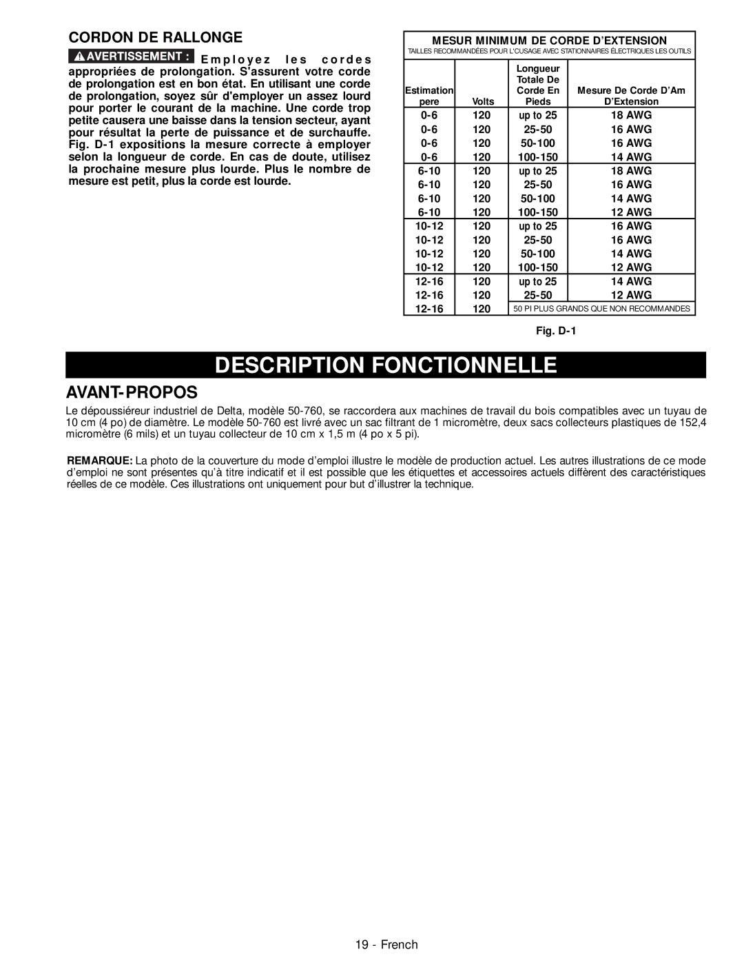 DeWalt 50-760 instruction manual Description Fonctionnelle, Avant-Propos, Cordon DE Rallonge 