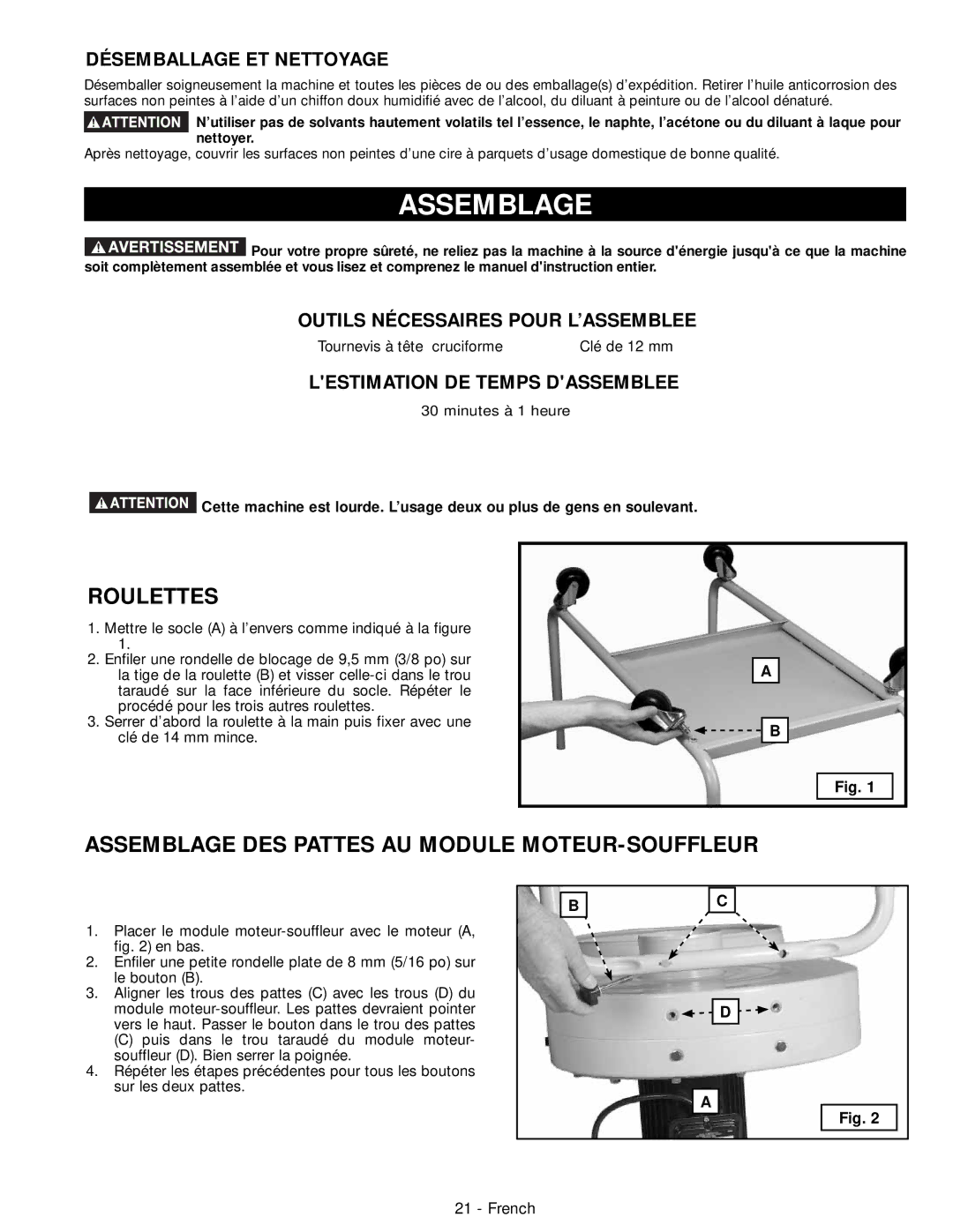 DeWalt 50-760 instruction manual Roulettes, Assemblage DES Pattes AU Module MOTEUR-SOUFFLEUR 