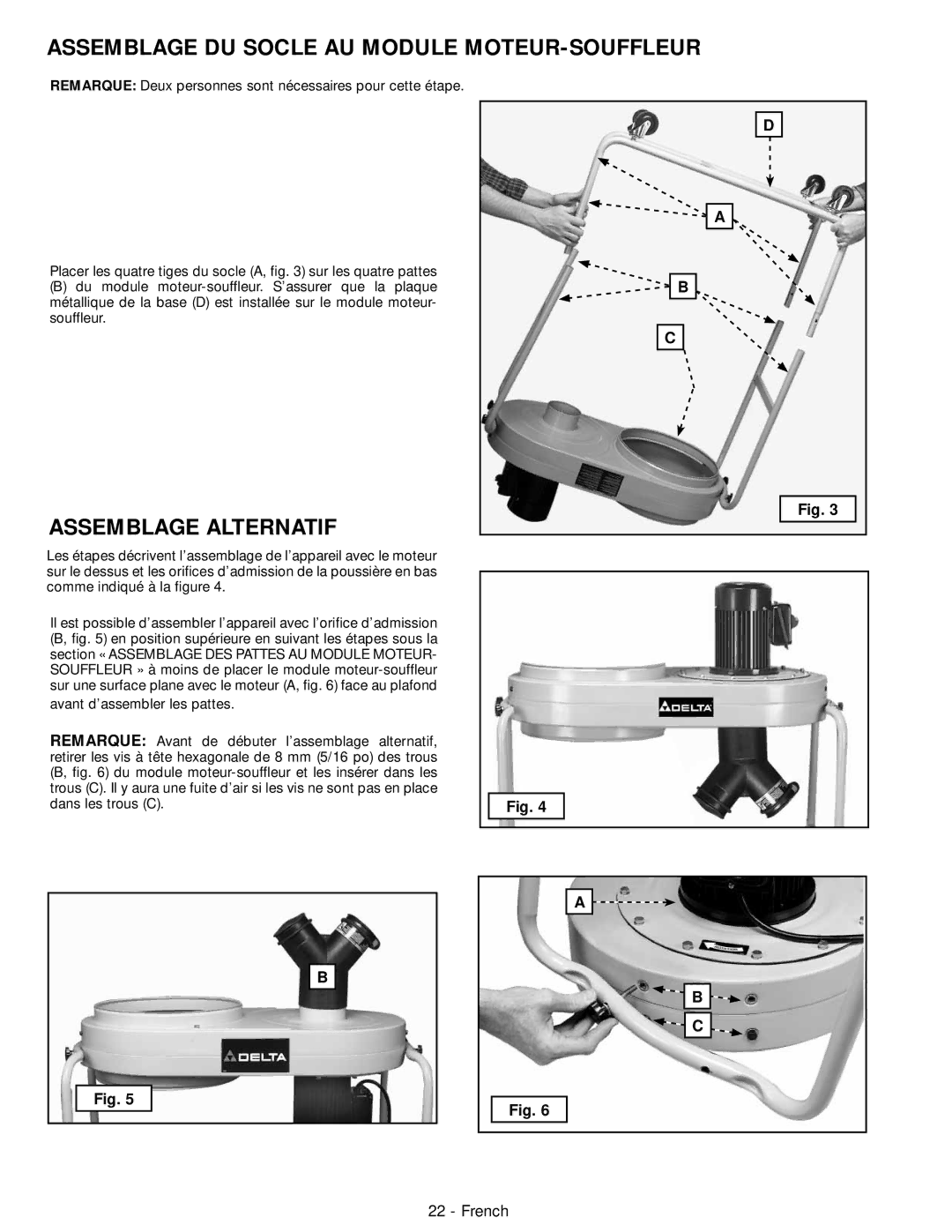 DeWalt 50-760 instruction manual Assemblage DU Socle AU Module MOTEUR-SOUFFLEUR, Assemblage Alternatif 