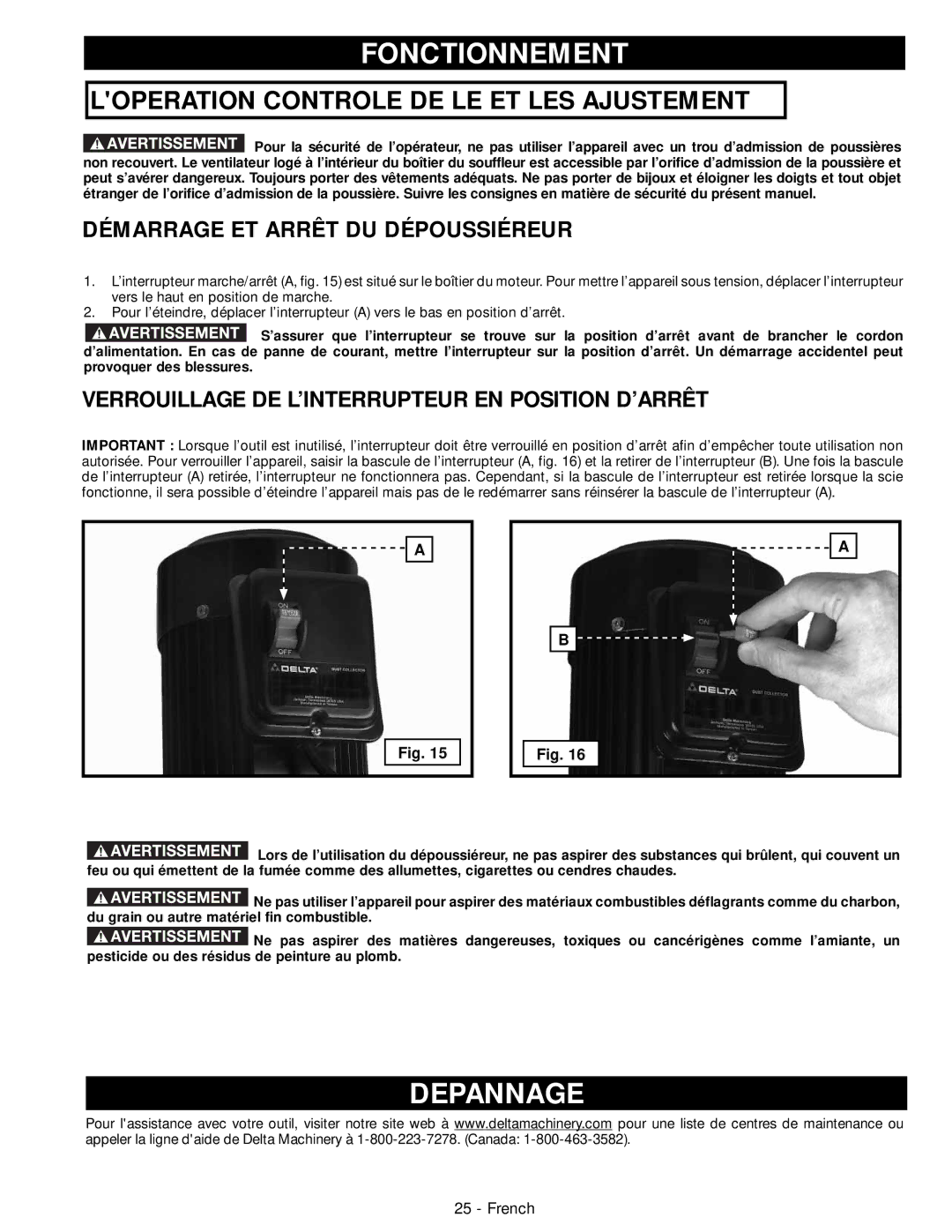 DeWalt 50-760 instruction manual Fonctionnement, Depannage, Démarrage ET Arrêt DU Dépoussiéreur 