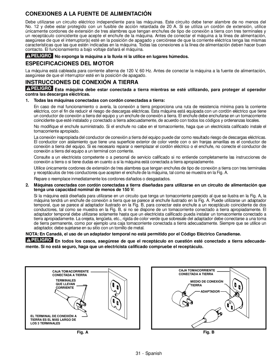 DeWalt 50-760 Conexiones a LA Fuente DE Alimentación, Especificaciones DEL Motor, Instrucciones DE Conexión a Tierra 