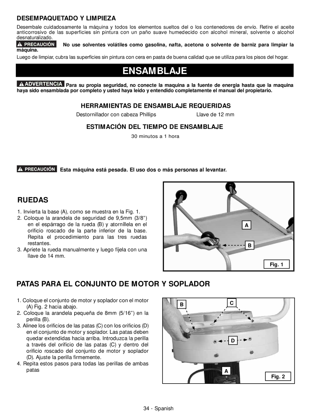 DeWalt 50-760 instruction manual Ensamblaje, Ruedas, Patas Para EL Conjunto DE Motor Y Soplador 