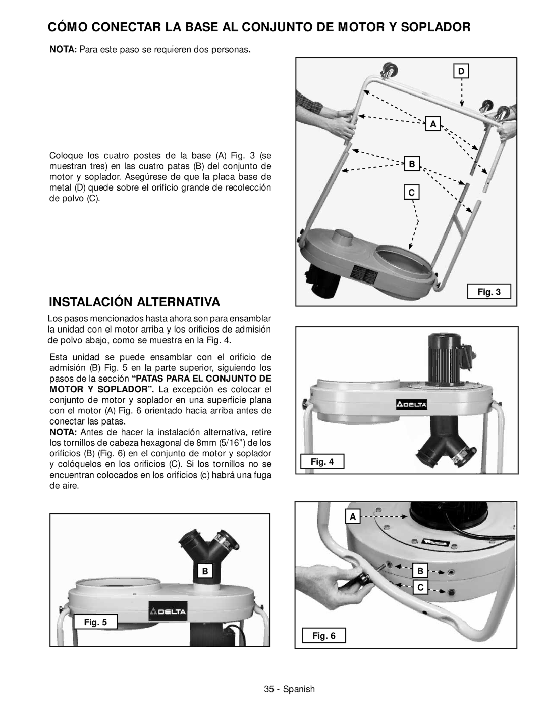 DeWalt 50-760 instruction manual Cómo Conectar LA Base AL Conjunto DE Motor Y Soplador, Instalación Alternativa 