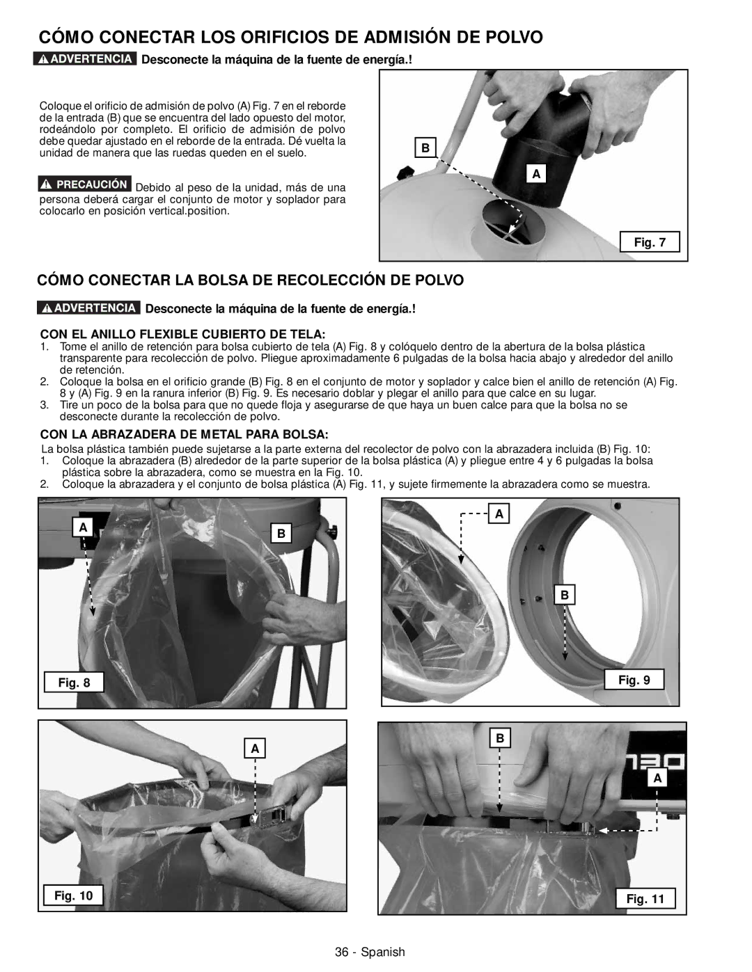 DeWalt 50-760 Cómo Conectar LOS Orificios DE Admisión DE Polvo, Cómo Conectar LA Bolsa DE Recolección DE Polvo 