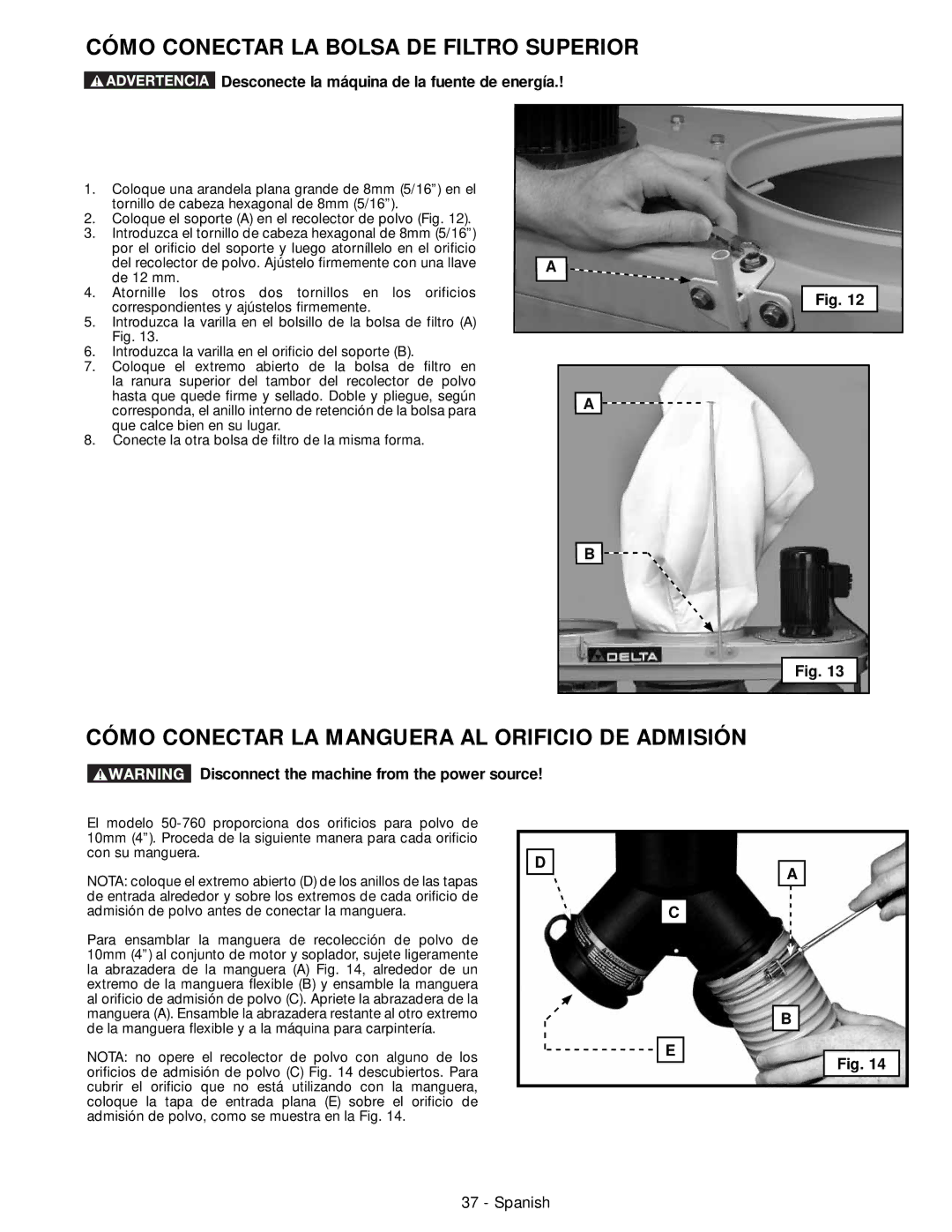 DeWalt 50-760 Cómo Conectar LA Bolsa DE Filtro Superior, Cómo Conectar LA Manguera AL Orificio DE Admisión 