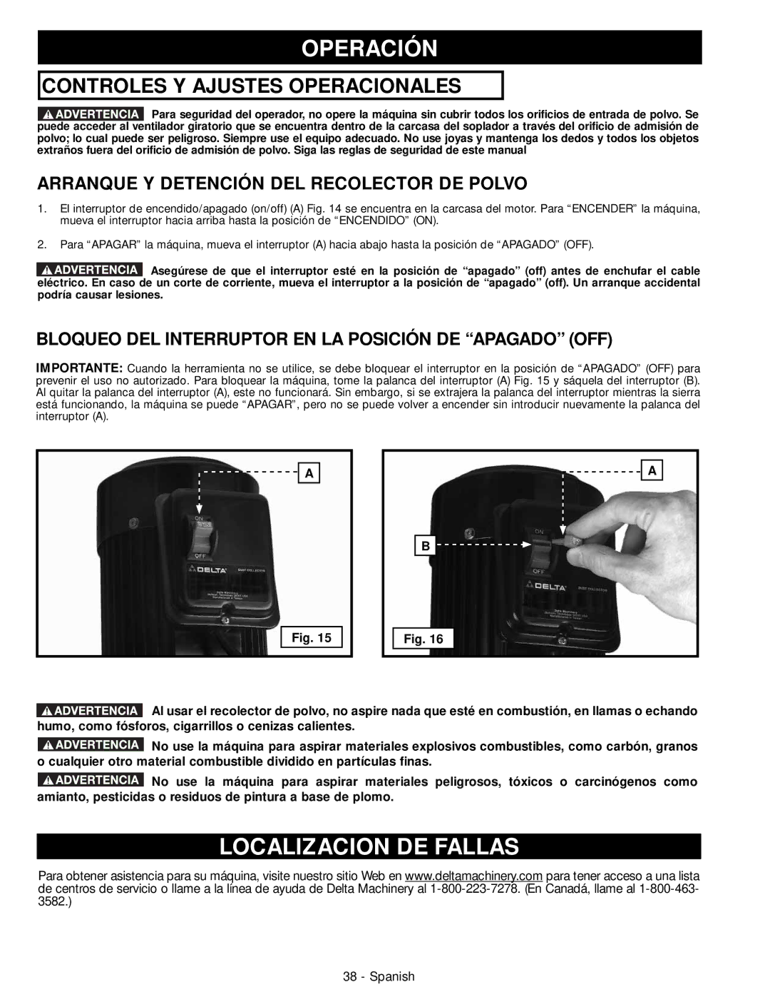 DeWalt 50-760 instruction manual Operación, Localizacion DE Fallas, Arranque Y Detención DEL Recolector DE Polvo 