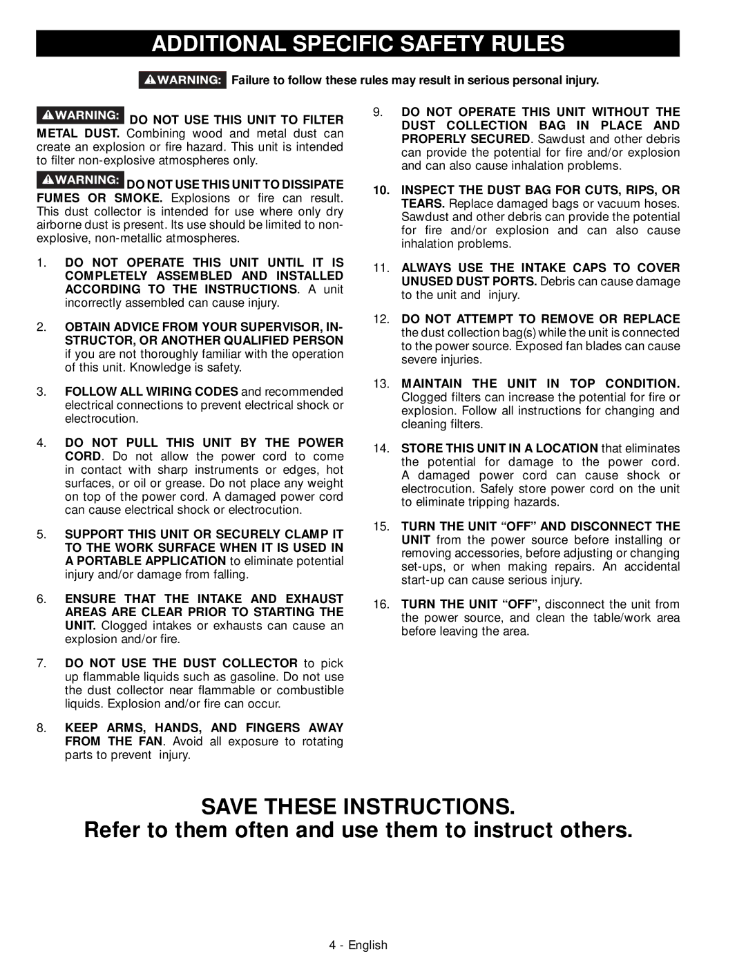 DeWalt 50-760 instruction manual Additional Specific Safety Rules, Refer to them often and use them to instruct others 