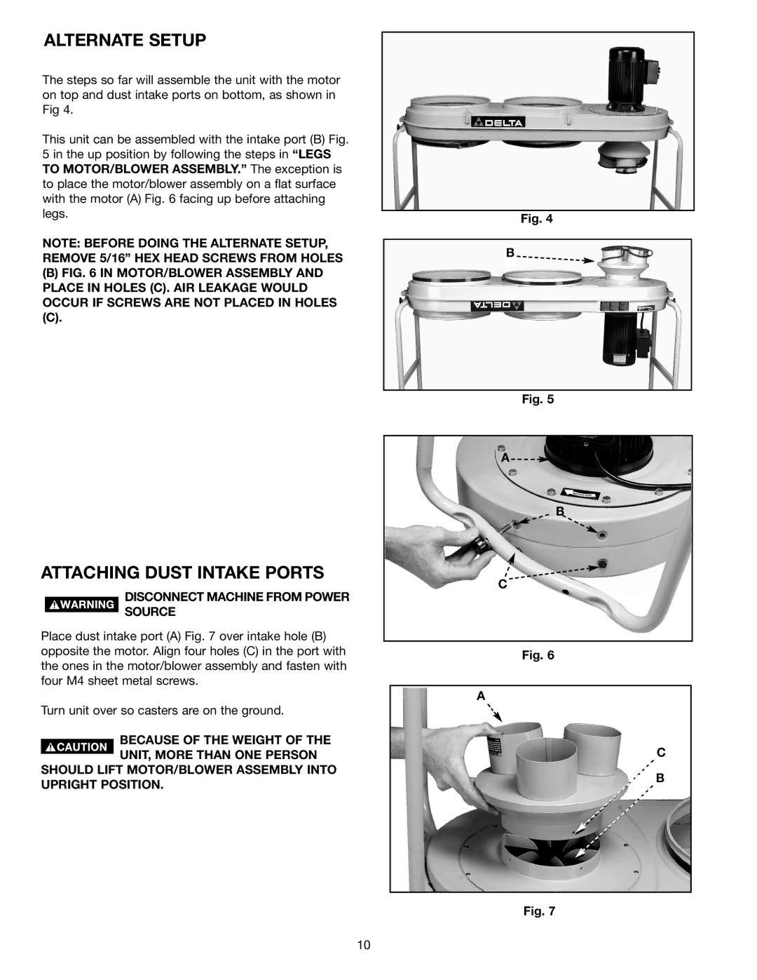 DeWalt 50-761 instruction manual Alternate Setup, Attaching Dust Intake Ports 