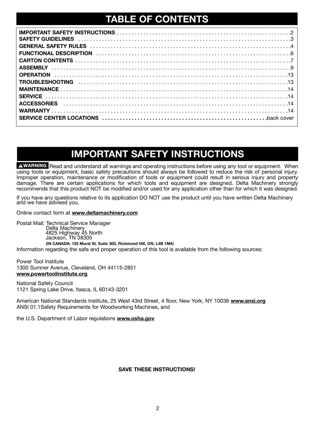 DeWalt 50-761 instruction manual Table of Contents, Important Safety Instructions 