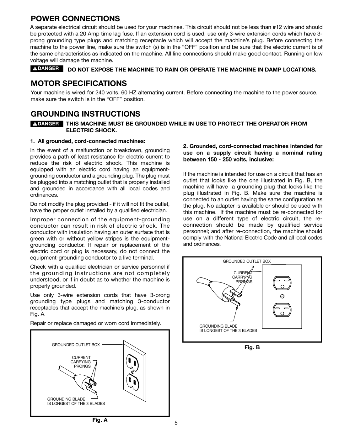 DeWalt 50-761 instruction manual Power Connections, Motor Specifications, Grounding Instructions 