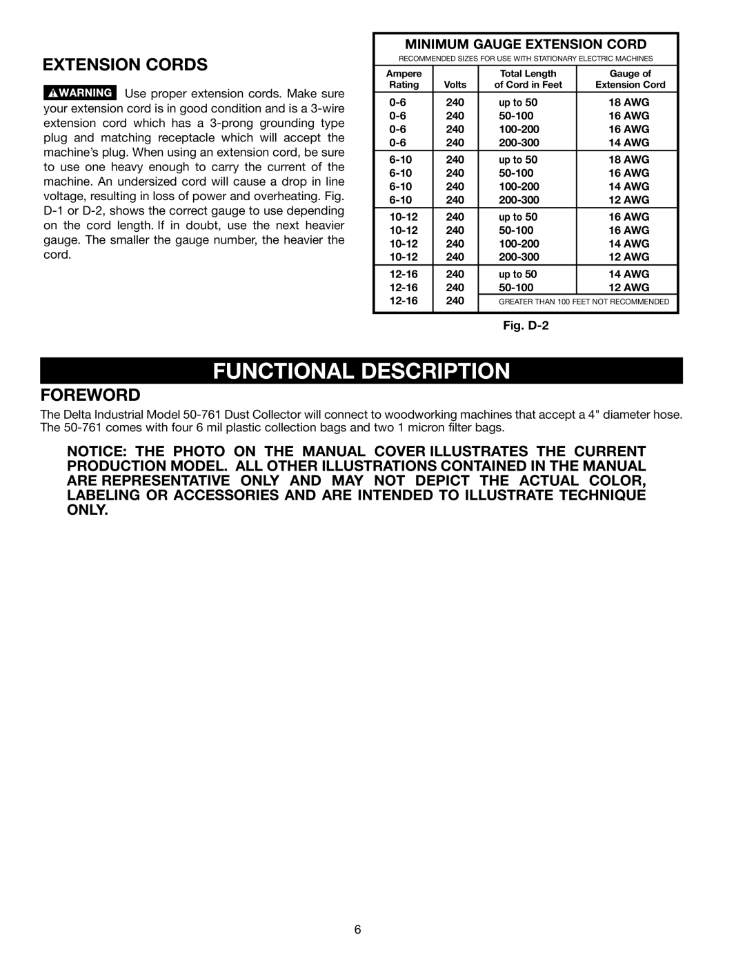 DeWalt 50-761 instruction manual Functional Description, Extension Cords, Foreword 