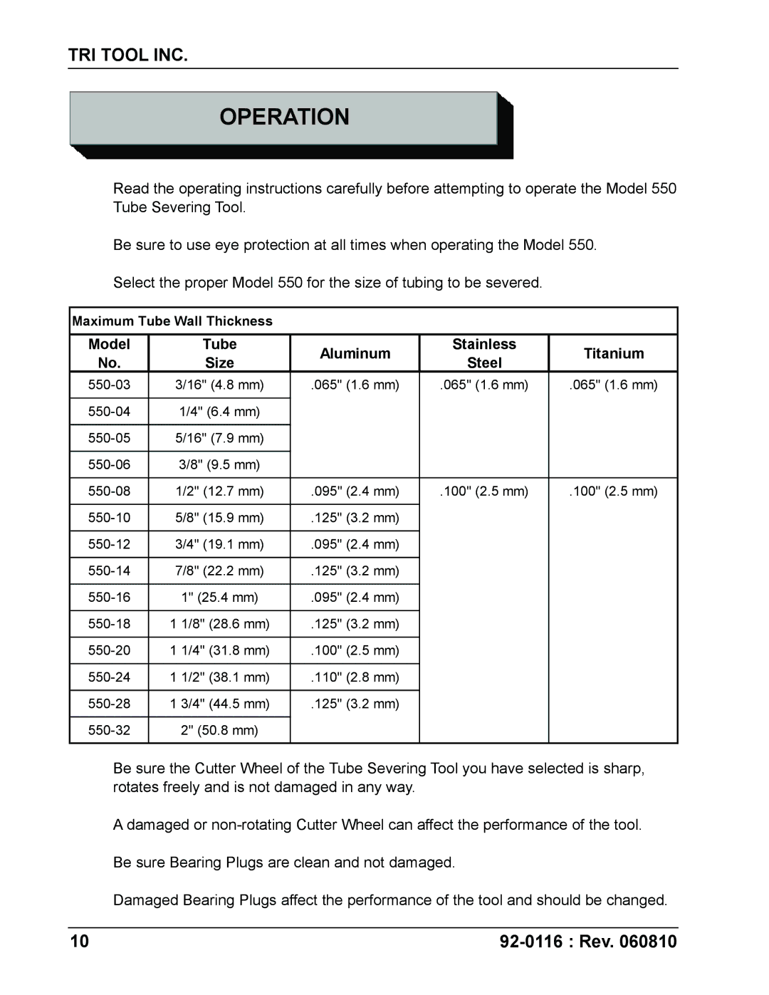 DeWalt 550 specifications Operation, Model Tube Aluminum Stainless Titanium 