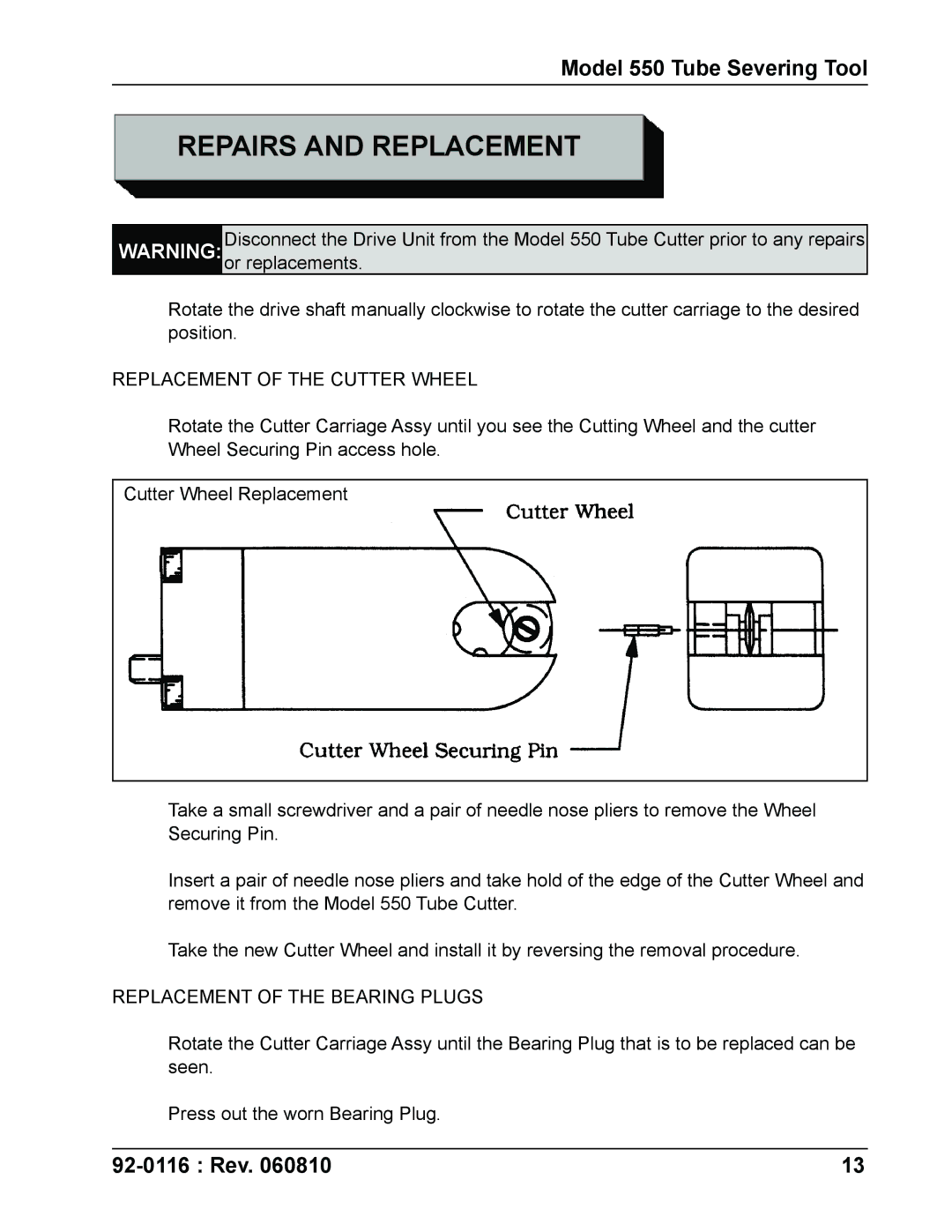 DeWalt 550 specifications Repairs and Replacement, Replacement of the Cutter Wheel 