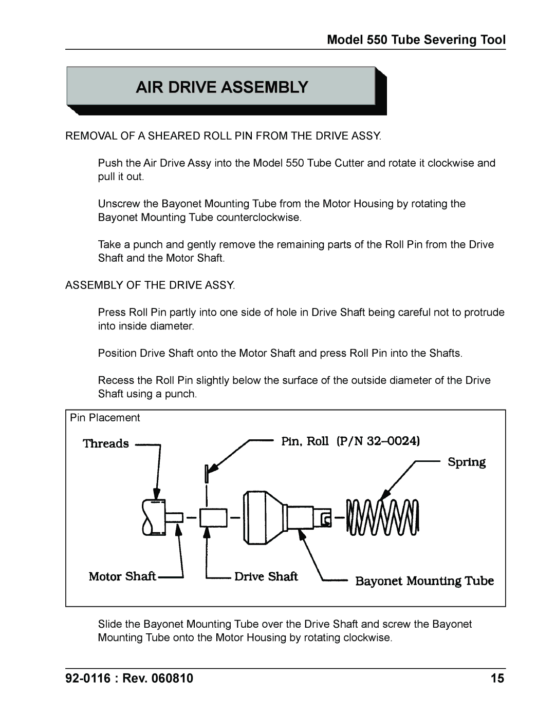 DeWalt 550 specifications AIR Drive Assembly, Removal of a Sheared Roll PIN from the Drive Assy 