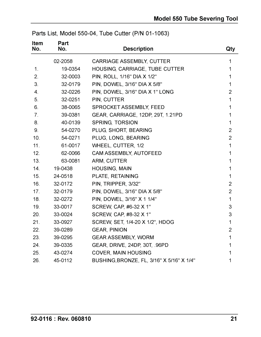 DeWalt specifications Parts List, Model 550-04, Tube Cutter P/N 